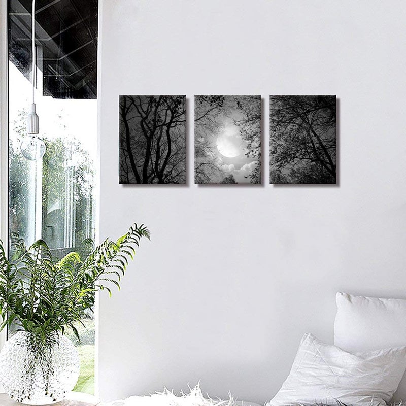 Visual Art Decor Black and White Full Moon Forest Trees Picture Goth Room Decor Canvas Wall Art Framed Artwork Gothic Home Decor Living Room Bedroom Home Office Decoration 3 Piece - Image 4
